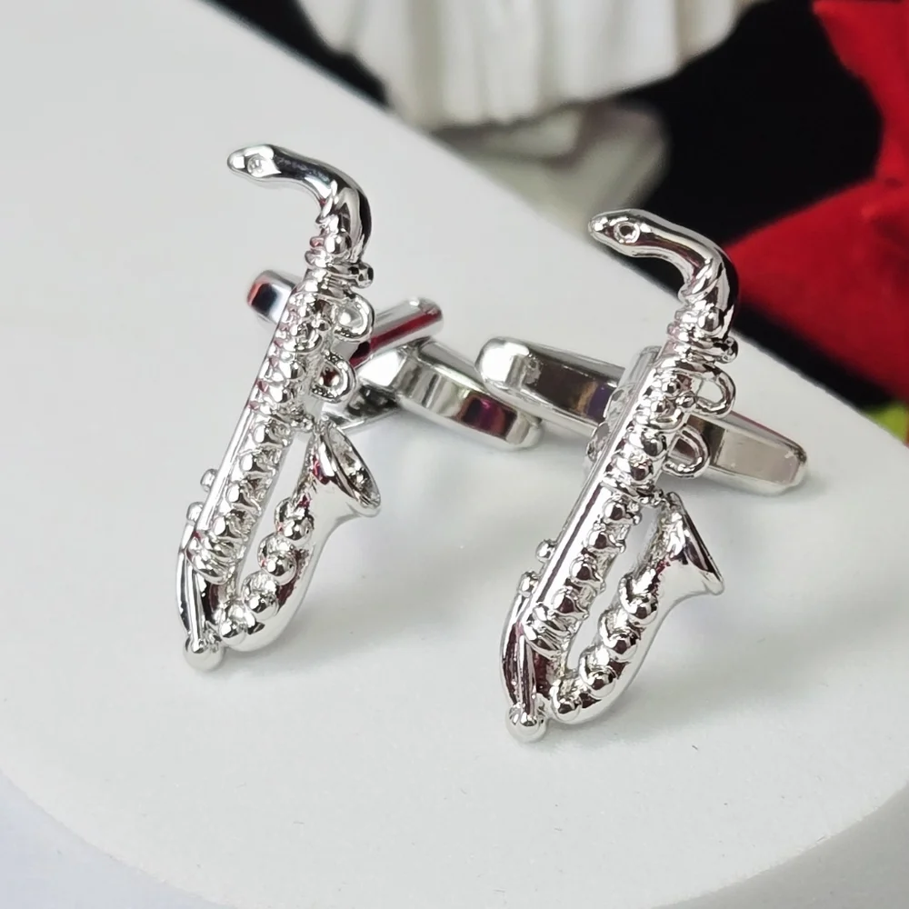 Silver Saxophone Cufflinks Music Instrument Jazz Band Formal Shirt Accessory